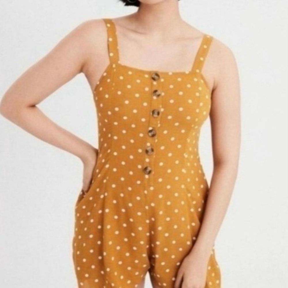American Eagle Outfitters Mustard Polka Dot Button-Front Jumpsuit